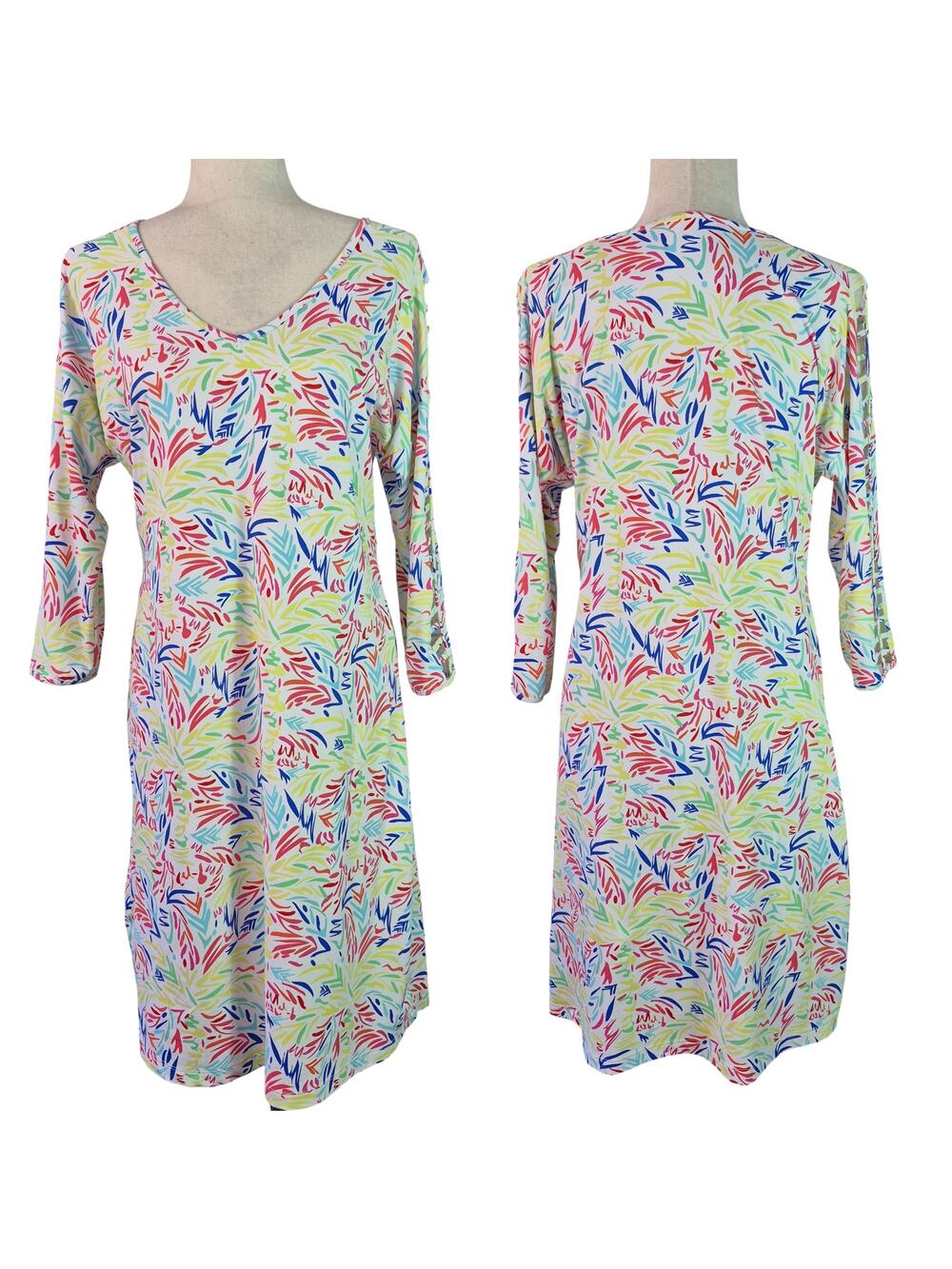 Lulu B White Pink Blue Yellow Abstract Sketched Palms UPF50 Dress Small